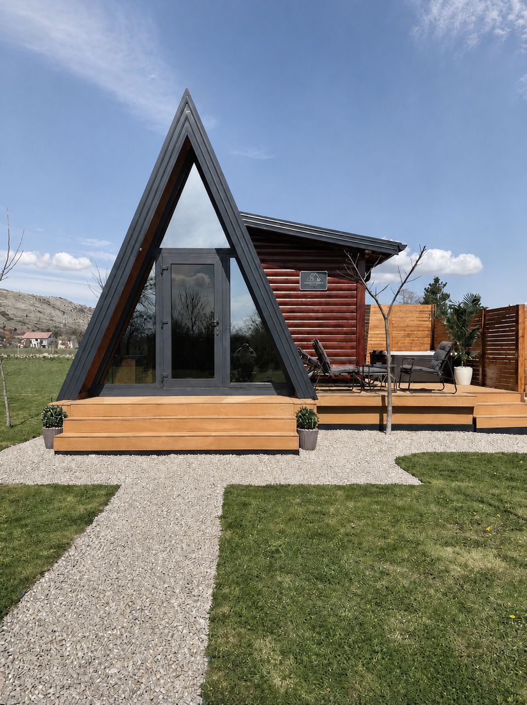 Front view of the A-frame chalet and timber terrace beneath a blue sky