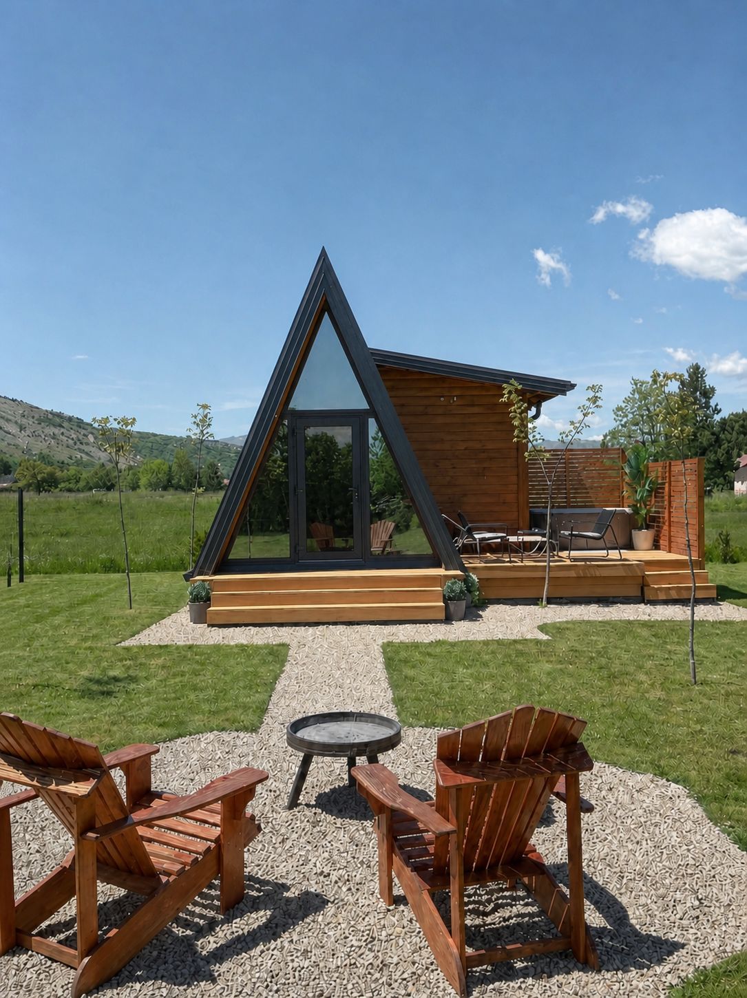 A-frame chalet beyond two wooden chairs and a garden fire pit
